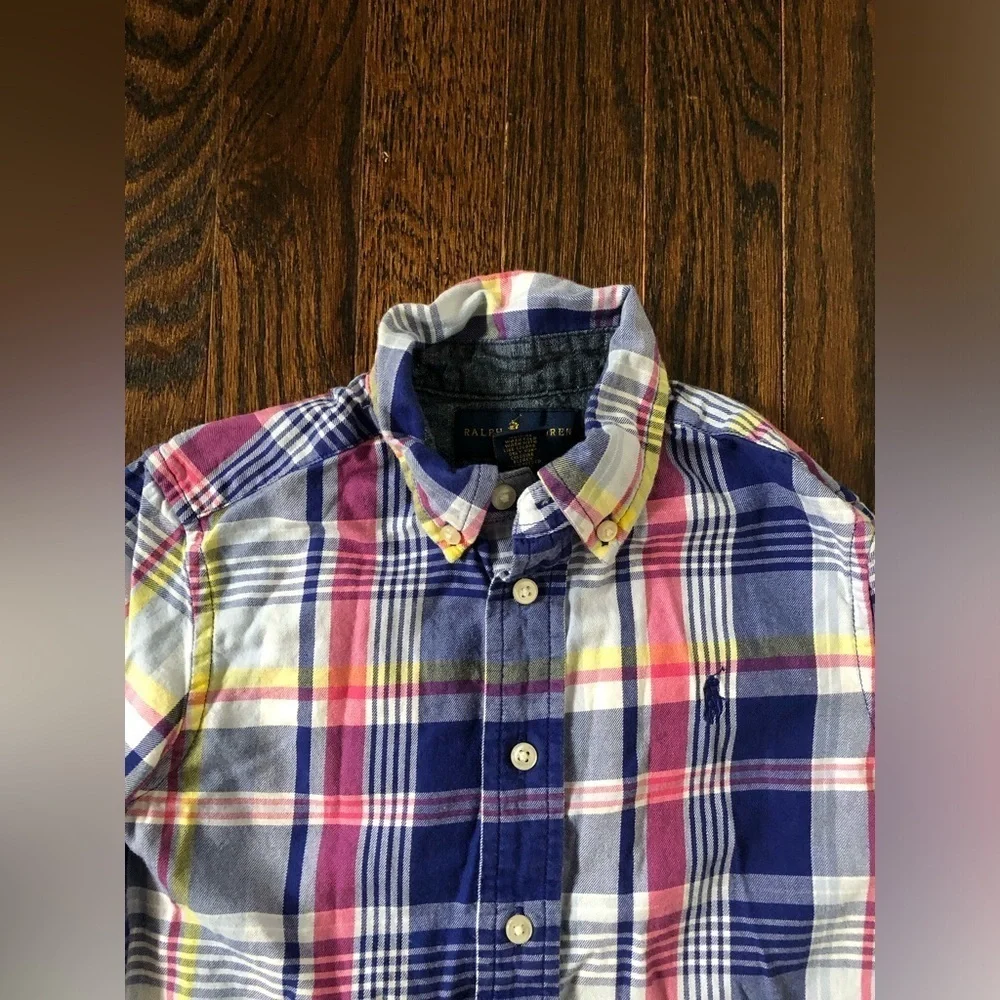 Ralph Lauren Boys 4/4T Blue/Pink/Yellow/White Plaid Cotton Button-Down Shirt